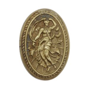 Victorian oval bronze door knob with a relief goddess figure in an antique finish.