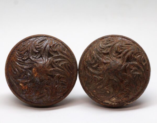 Pair of antique cast iron door knobs with an embossed swirl pattern and visible surface wear, shown side by side.