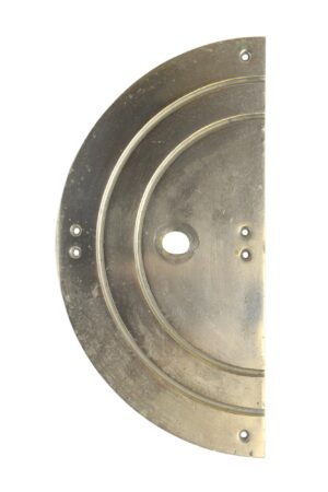 Half-round brass push plate with concentric ridges and screw holes, shown as a close-up of the mounting side.