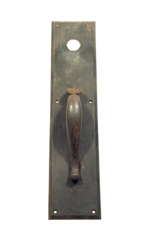 Antique bronze commercial door pull with a centered handle, thumb latch, and lock insert on a rectangular plate.