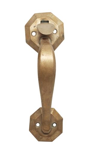Antique bronze door pull handle with octagon plates, thumb latch, and four mounting holes, shown front view.