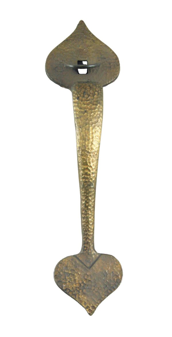 Antique bronze colonial thumb latch door pull with hammered spear-shaped plates.
