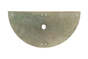 Antique brass semicircular push plate with a central knob hole and multiple mounting holes.