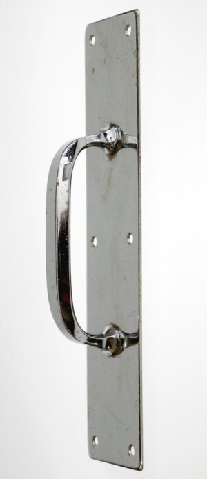 Chrome-plated commercial door pull with a centered handle on a long rectangular plate, shown in a vertical side view.