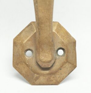 Antique bronze door pull with thumb latch and octagonal backplate, shown in close-up front view with two mounting holes.