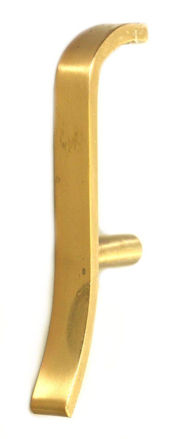 Curved brass door pull handle shown in a side view with a polished brass finish.
