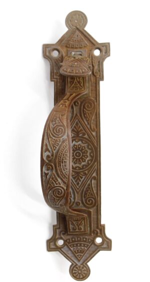 Ornate left-hand door pull with thumb latch and decorative Aesthetic pattern, shown front view.