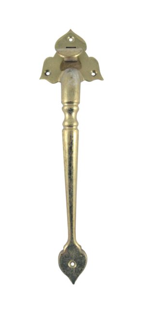 Traditional polished brass door pull with a pointed club-shaped handle and thumb latch, shown front view.