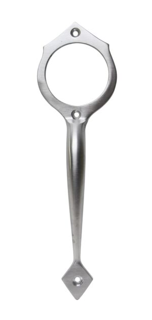 Brushed steel door pull with a large circular top opening and a tapered handle with mounting holes.