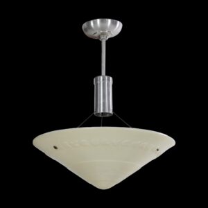 Mid-century pendant light with a white glass bowl shade, aluminum fitter, and a leaf detail around the rim.