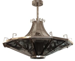 Chrome and glass pendant light with a wide geometric shade and central stem shown from below.