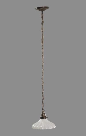 Traditional pendant light with an antique brass chain and a white fluted milk glass shade, shown hanging in a centered front view.