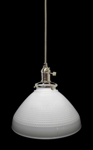 White milk glass pendant light with a cone-shaped shade and polished nickel fitter, shown with a cloth cord hanging from the top.