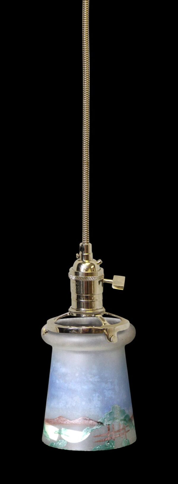 Pendant light with a hand-painted glass globe shade and a polished nickel fitter, shown hanging from a long braided cord.