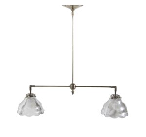 Double pendant light with an antique brass frame and two clear ruffled prism glass shades.
