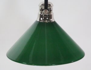 Green glass pendant light with a polished nickel top and pole, shown in a close-up of the cone-shaped shade.