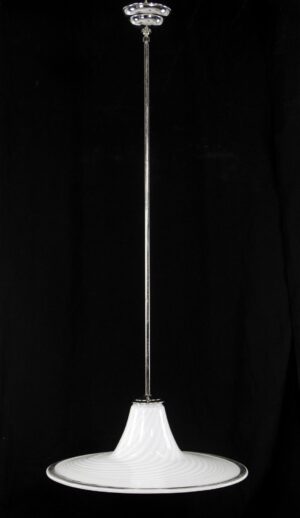 Hand blown glass pendant light with a white swirled shade, clear accents, and a polished nickel pole suspended from a ceiling mount.