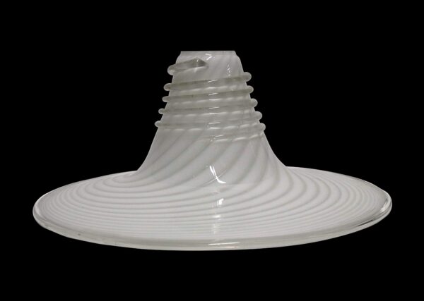 White handblown glass pendant light shade with a wide flat rim and ribbed swirled body.