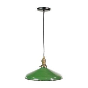 Industrial pendant light with a green enameled steel shade, black cord, and antique brass fitter, shown from below.