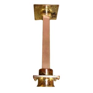 Vintage pendant light with a long stem, square canopy, and flared lower shade, shown in a front view with visible copper-plated brass construction and exposed-bulb design.