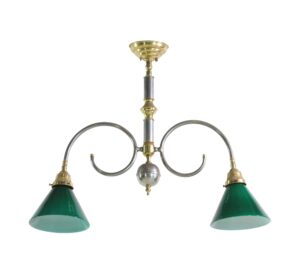 Two-arm pendant light with polished brass and nickel finish, featuring two green glass shades and an adjustable central stem.
