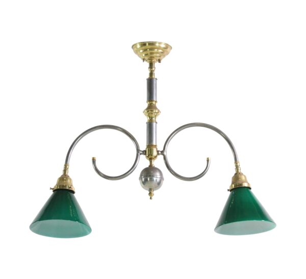 Two-arm pendant light with polished brass and nickel finish, featuring two green glass shades and an adjustable central stem.