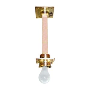 Vintage industrial pendant light with a long central stem, brass mounting hardware, and an exposed bulb socket.
