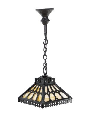 Down Lights - Rare Arts & Crafts Slag Glass Black Cast Iron Pendant Light