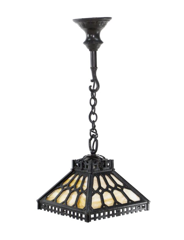 Down Lights - Rare Arts & Crafts Slag Glass Black Cast Iron Pendant Light