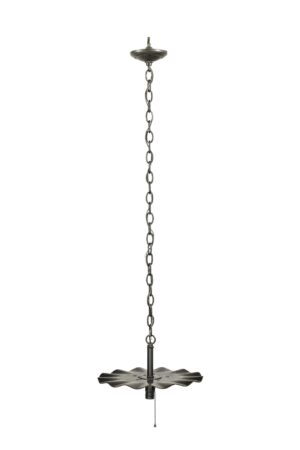 Industrial pendant light with a scalloped shade, chain suspension, and exposed bulb socket.
