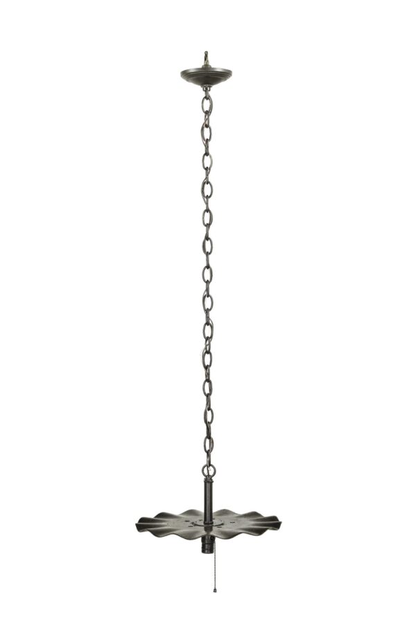 Industrial pendant light with a scalloped shade, chain suspension, and exposed bulb socket.