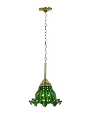 Down Lights - Vintage Brass Chain Ruffled Green Glass Shade Pendant Light