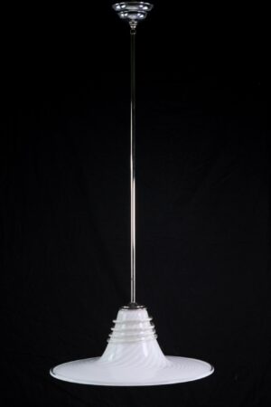 Pendant light with a white hand-blown glass shade, clear glass coil, and a long polished nickel pole, shown against a plain background.