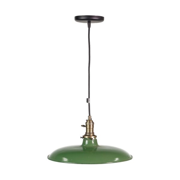 Vintage industrial pendant light with a large green enamel shade, black cord, and antique brass hardware, shown hanging straight down.