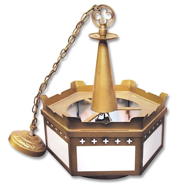 Vintage hexagonal church pendant light with white glass panels and a cross detail on the front.
