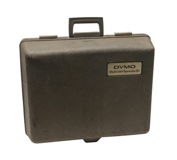 Black hard case for a Dymo Model 2300 tape writer with a carrying handle and front label.