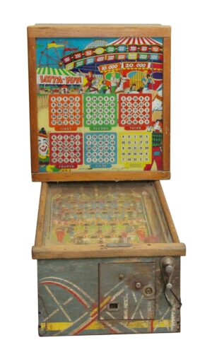 Vintage pinball arcade machine with colorful game artwork, a glass playfield, and a front control panel with a lever and coin slot.