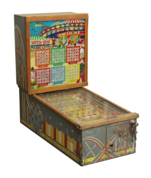 Vintage pinball machine with colorful fairground graphics, a glass playfield, and a wooden cabinet shown at an angled front view.