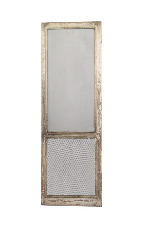 Two-panel wood screen door with a tan painted finish, shown front on with a solid upper panel and a screened lower panel.