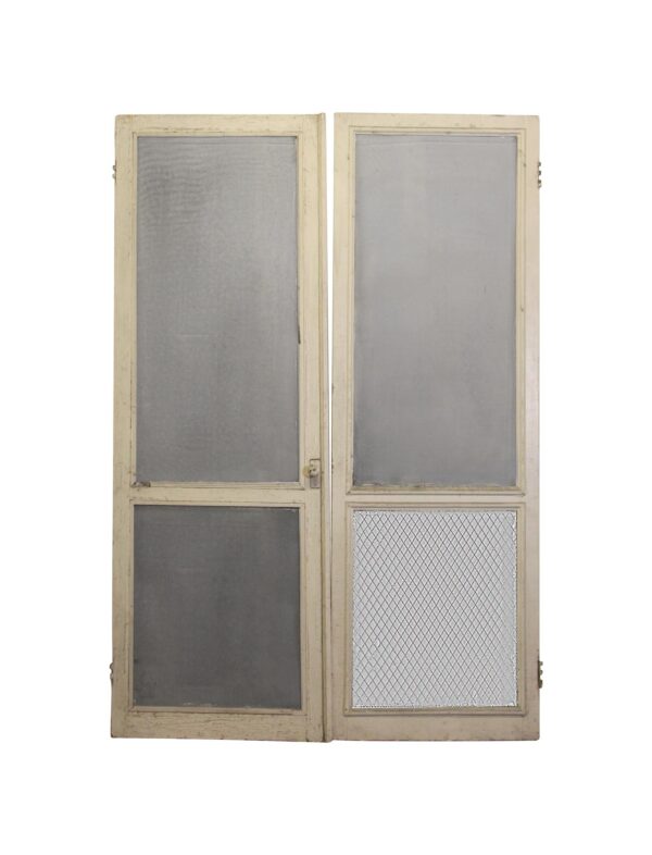 Pair of white wooden screen doors with two tall panels and smaller lower screens, shown front on.