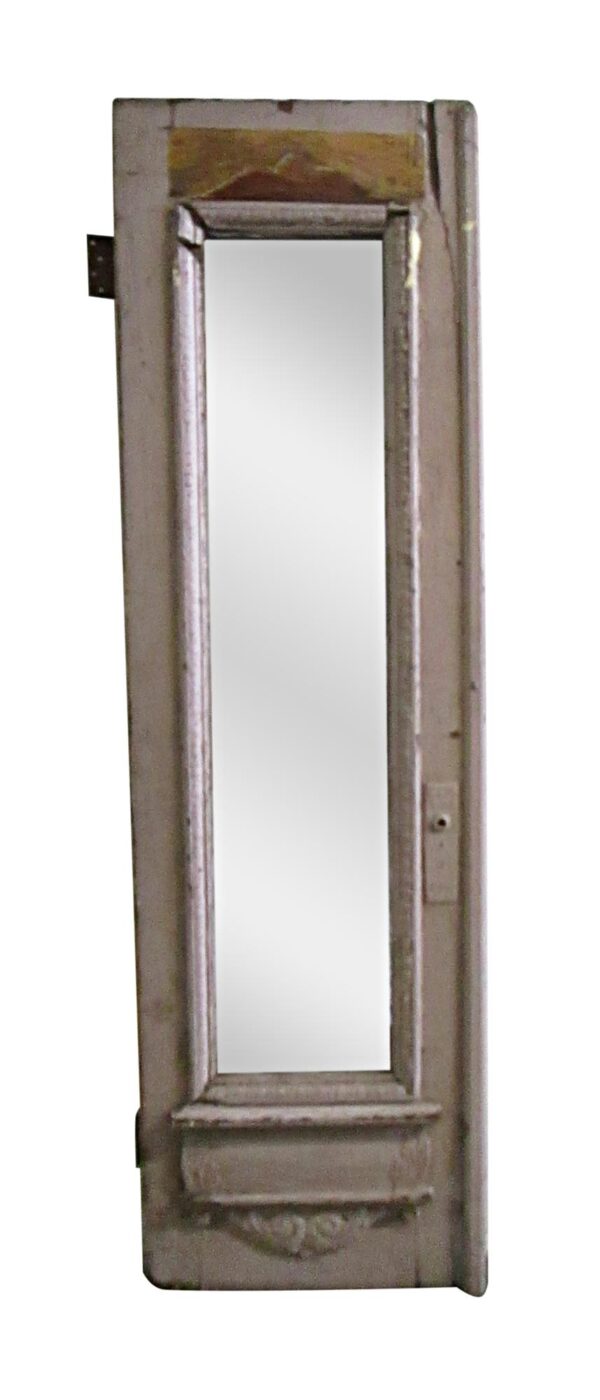 Tall wooden half door with one vertical glass panel, carved details, and a visible edge lip, shown with the plain side in brown and tan.
