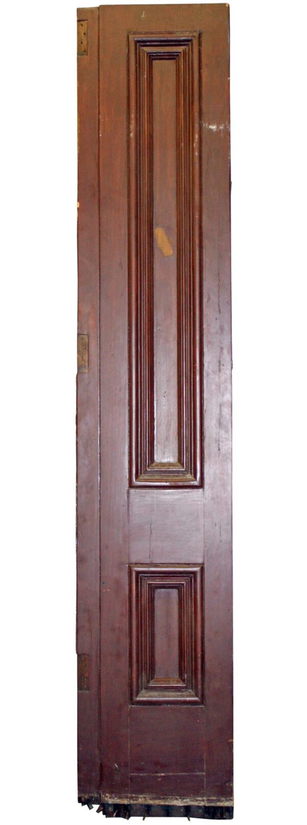 Tall wooden side panel entry door with two recessed panels and a dark wood tone.