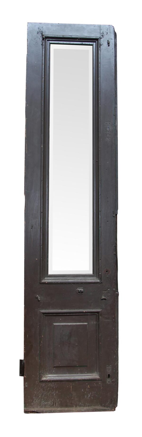 Tall brown entry door with a single glass upper panel and a square lower wood panel.