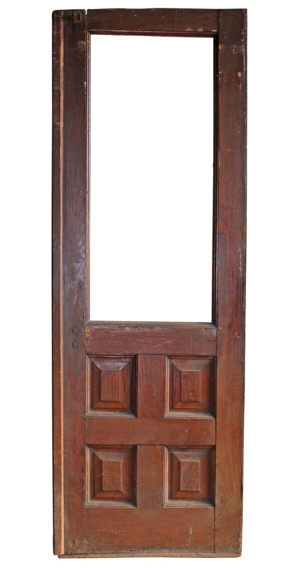 Antique oak entry door with a large upper glass opening and four raised lower panels, shown in a front view with the top glass missing.