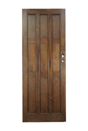 Arts and Crafts oak entry door with nine panels and a dark wood tone, shown front-facing with hardware holes visible on the right side.