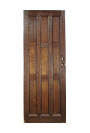 Arts and Crafts oak entry door with nine panels and a dark wood tone, shown front-on with door hardware openings on the right side.