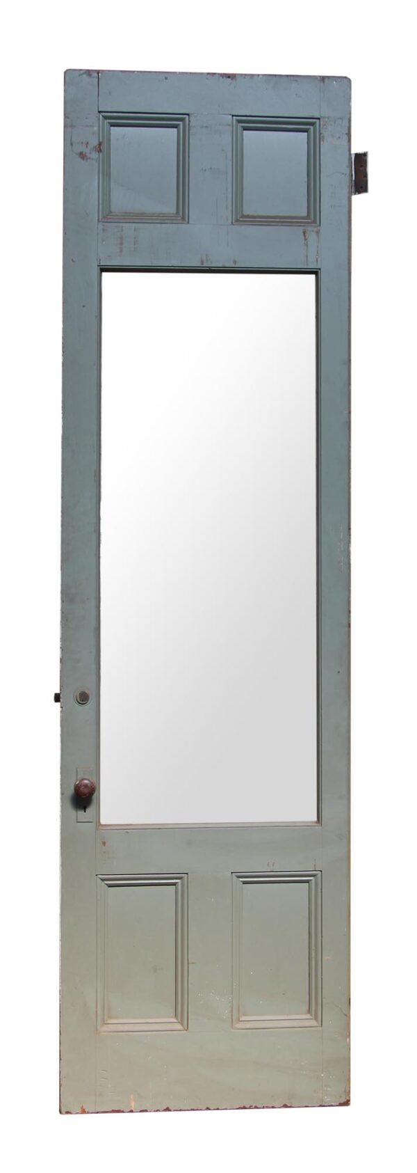 Antique entry door with a gray side shown, featuring four recessed wood panels and one large vertical glass panel in the center.