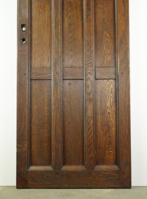 Arts and Crafts oak entry door with nine panels and visible mortise lock openings, shown in a vertical front view.