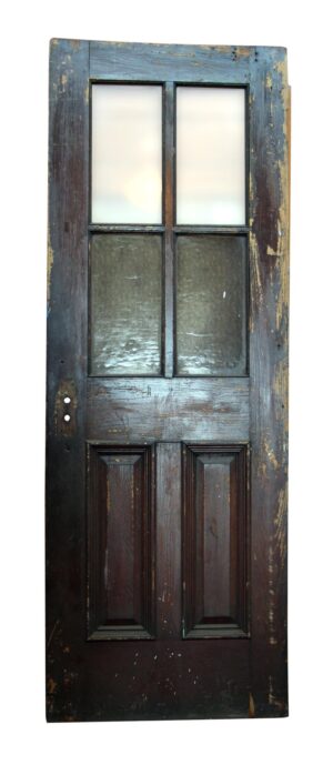 Dark wood tone door with four glass panels and six raised lower panels, shown upright and centered.