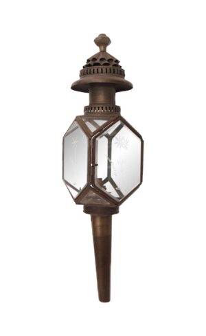 Victorian exterior carriage lantern with brass housing, etched glass panels, and a pointed mounting stem.